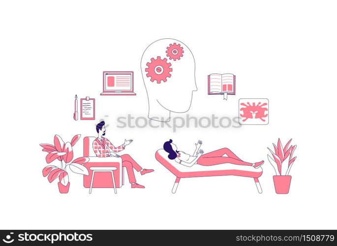 Psychological therapy thin line concept vector illustration. Psychologist and patient 2D cartoon characters for web design. Psychoanalysis, consultation, depression treatment creative idea