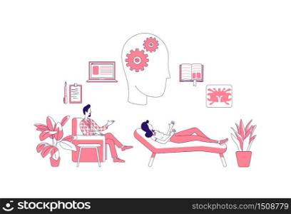 Psychological therapy thin line concept vector illustration. Psychologist and patient 2D cartoon characters for web design. Psychoanalysis, consultation, depression treatment creative idea