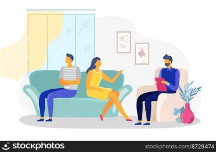 Psychological therapy with couple woman and man. Vector of psychology illustration, psychologist and psychotherapy counseling for family. Psychological therapy with couple woman and man
