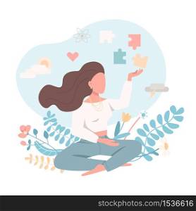 Psychologically healthy female flat color vector faceless character. Emotional wellbeing. Peace of mind. Mental health isolated cartoon illustration for web graphic design and animation. Psychologically healthy female flat color vector faceless character