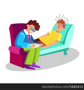 Psychologist And Patient Psychiatry Therapy Vector. Character Doctor Psychiatrist And Lying On Couch Sad Man Person, Psychiatry Consultation. Professional Assistance Color Flat Cartoon Illustration. Psychologist And Patient Psychiatry Therapy Vector Illustration