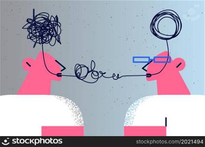 Psychologist and patient talk unravel problems reel. Psychiatrist help client cope with life situations, solve troubles together. Counseling and psychology session concept. Flat vector illustration. . Psychologist and patient talk solving mental problems