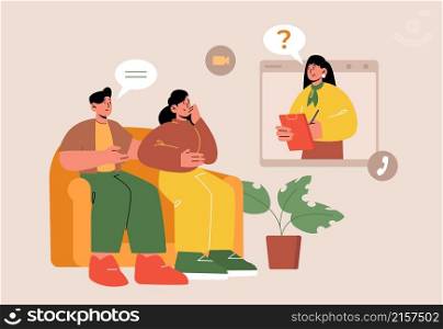 Psychologist and patients meeting on online therapy session. Vector flat illustration of psychotherapist counseling couple by video call. Concept of virtual professional mental health consultation. Psychologist and patients on online counseling