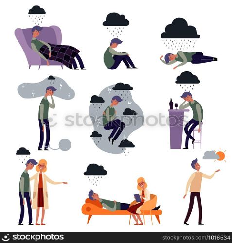 Psychologist characters. Depressed people unhappy alone and frustrated doctor therapist vector illustrations. Therapist and mental problem patient, therapy of doctor. Psychologist characters. Depressed people unhappy alone and frustrated doctor therapist vector illustrations