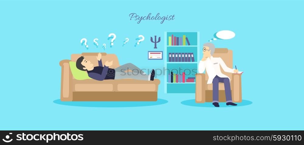 Psychologist concept icon flat isolated. Mental psychology problem, health and psychiatrist, human mind, medical stress, people, issue talking, depression and therapy illustration