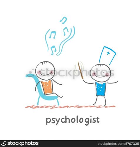 psychologist conducts a patient tells notes. Fun cartoon style illustration. The situation of life.