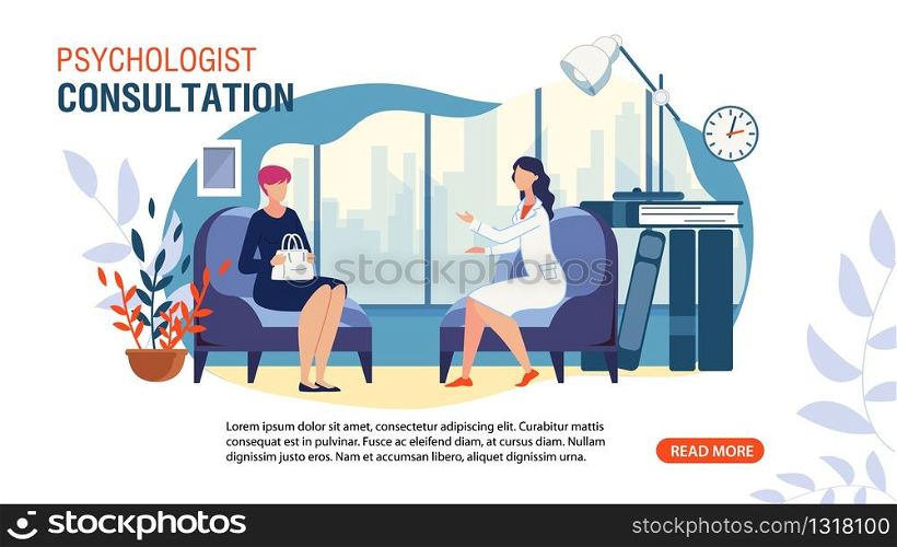 Psychologist Consultation Service Flat Advertising Web Banner. Private Counseling. Family Psychology. Cartoon Patient at Doctor Appointment in Office. Communication and Treatment. Vector Illustration. Psychologist Consultation Service Flat Web Banner