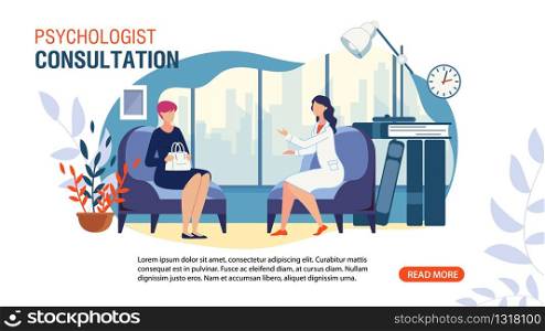 Psychologist Consultation Service Flat Advertising Web Banner. Private Counseling. Family Psychology. Cartoon Patient at Doctor Appointment in Office. Communication and Treatment. Vector Illustration. Psychologist Consultation Service Flat Web Banner