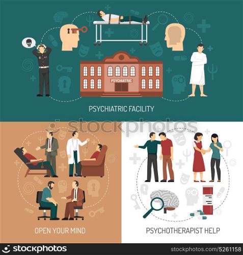 Psychologist Design Concept. Psychologist design concept with icons representing medical help in psychiatric facility and people having therapy session with psychologist flat vector illustration