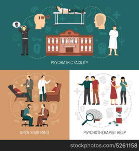 Psychologist Design Concept. Psychologist design concept with icons representing medical help in psychiatric facility and people having therapy session with psychologist flat vector illustration