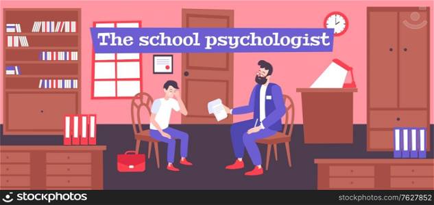 Psychologist help school flat composition with human characters of therapist and pupil having conversation in office vector illustration