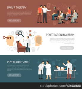 Psychologist Horizontal Banners. Psychologist horizontal banners with session of group psychotherapy penetration in brain and psychiatric ward icons compositions flat vector illustration