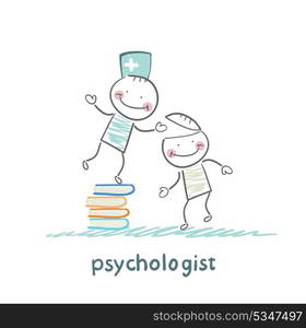 psychologist is on a stack of books and gives the patient a tablet