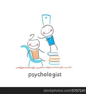 psychologist is on a stack of books and looks inside the patient&#39;s head
