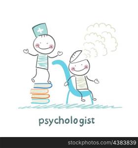 psychologist is on a stack of books and produces steam from the patient&#39;s head
