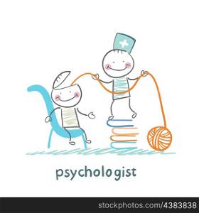 psychologist is on a stack of books and pulls the threads of the patient&#39;s head