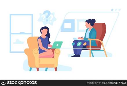 Psychologist online support. Personal virtual therapy, psychologist doctor helps patient by video communication, internet consultation, mental health treatment, vector cartoon flat isolated concept. Psychologist online support. Personal virtual therapy, doctor helps patient by video communication, internet consultation, mental health treatment, vector cartoon flat isolated concept