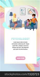 Psychologist Practice Cartoon Vector Vertical Web Banner. Mother Sitting in Armchair, Visiting Doctors Office with Kids Illustration. Children Upbringing Online Consultation Landing Page Template