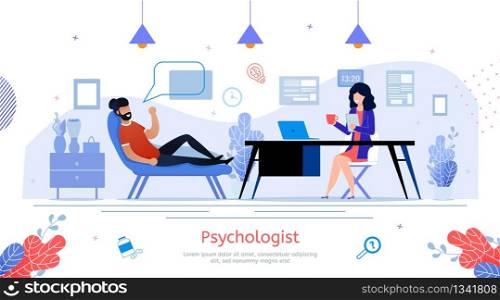 Psychologist Practice, Psychological Help and Counseling Service Trendy Flat Vector Banner, Poster. Man Visiting Therapist, Talking with Doctor While Lying in Sofa During Appointment Illustration