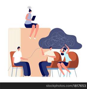 Psychologist service. Therapist counseling family couple, psychology session. Adults psychotherapy, self therapy with book vector concept. Psychotherapy by therapist, illustration mental support. Psychologist service. Therapist counseling family couple, psychology session. Adults psychotherapy, self therapy with book vector concept