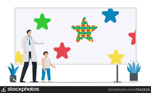 Psychologist shows positive thinking to the boy in difference. Autistic people have special something. Vector illlustration for World Austism Awareness Day, 2 April.