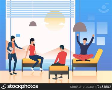 Psychologist standing at patients. Session, informal meeting, briefing. Meeting concept. Vector illustration can be used for topics like business, psychology, corporate