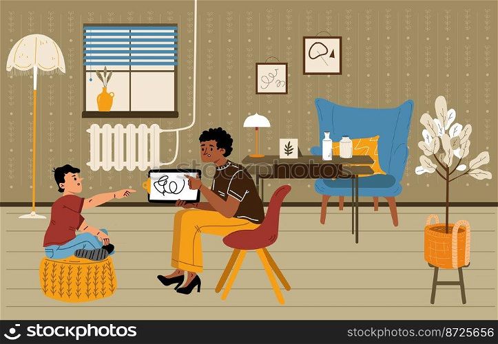 Psychologist talk with boy and show picture test. Child psychotherapy session with doctor and kid in room with chairs, table and plant, vector hand drawn illustration. Psychologist talk with boy and show picture test