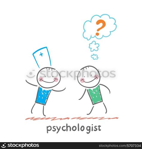 Psychologist talking to a patient who thinks of a question mark