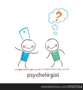 Psychologist talking to a patient who thinks of a question mark