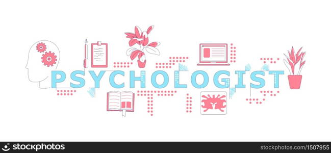 Psychologist word concepts word concepts thin line vector banner. Psychotherapy and psychoanalysis. Isolated typography with icons. Psychiatrist items creative illustration on white