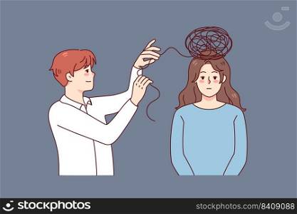 Psychologist work with woman patient unravel confused thoughts in head. Unhappy tired female having session with psychotherapist. Psychotherapy. Vector illustration.. Psychologist help female patient with confused thoughts