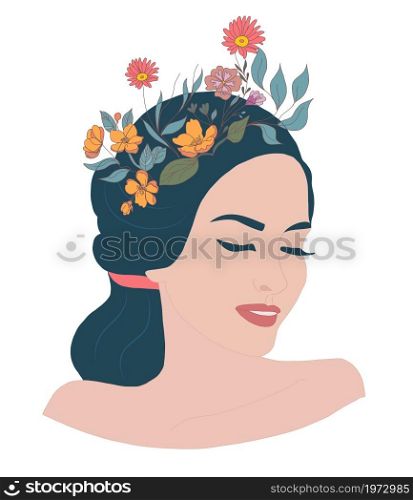 Psychology awareness consciousness psychiatry or mental health concept.Isolated vector illustration face of relaxed smiling female woman with flowers on her head.Imagination.Mind and soul