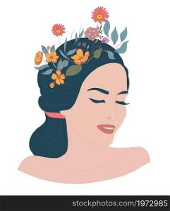 Psychology awareness consciousness psychiatry or mental health concept.Isolated vector illustration face of relaxed smiling female woman with flowers on her head.Imagination.Mind and soul