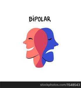 Psychology. Bipolar. Smiling and sad heads merge in one Person suffering from bipolar disorder. Doodle slyle flat vector illustration. Psychology. Bipolar. Smiling and sad heads merge in one Person suffering from bipolar disorder. Doodle slyle flat vector illustration.