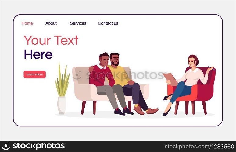 Psychology consultation landing page vector template. Relationship issue. Same-sex marriage problems website interface idea with flat illustration. Homepage layout. Web banner, webpage cartoon concept