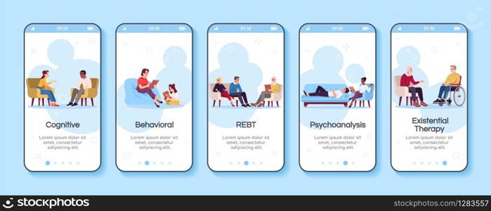 Psychology consultation onboarding mobile app screen vector template. Cognitive, behavioral therapy. Walkthrough website steps with flat characters. UX, UI, GUI smartphone cartoon interface concept
