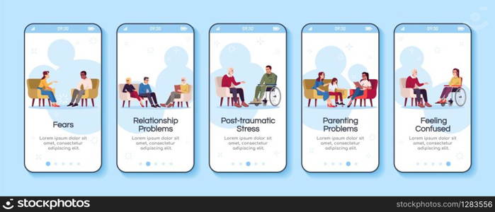 Psychology consultation onboarding mobile app screen vector template. Relationship problems. Fears. Walkthrough website steps with flat characters. UX, UI, GUI smartphone cartoon interface concept