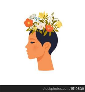 Psychology. Mental health. Woman character with flower head. Mental health concept, good mood, harmony flat vector illustration.. Psychology. Mental health. Woman character with flower head. Mental health concept, good mood, harmony flat vector illustration