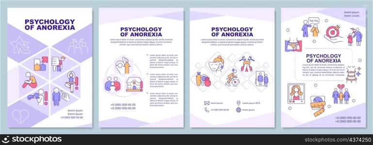 Psychology of anorexia purple brochure template. Mental illness. Booklet print design with linear icons. Vector layouts for presentation, annual report, ads. Arial-Black, Myriad Pro-Regular fonts used. Psychology of anorexia purple brochure template