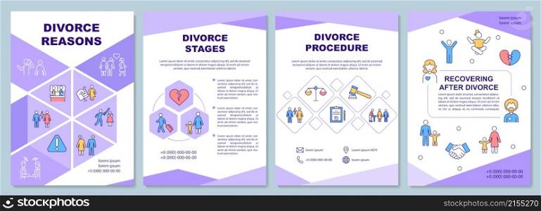 Psychology of divorce purple brochure template. Marriage end. Booklet print design with linear icons. Vector layouts for presentation, annual reports, ads. Arial-Black, Myriad Pro-Regular fonts used. Psychology of divorce purple brochure template