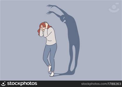 Psychology, panic attack, phobia, frustration concept. Frightened Woman cartoon character standing escaping scary shadow monster suffering from fears of mental health vector illustration . Psychology, panic attack, phobia, frustration concept.