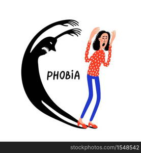 Psychology. Phobia. Frightened Woman character escaping scary shadow monster. Female person suffering from fear. Doodle slyle flat vector illustration. Psychology. Phobia. Frightened Woman character escaping scary shadow monster. Female person suffering from fear. Doodle slyle flat vector illustration.