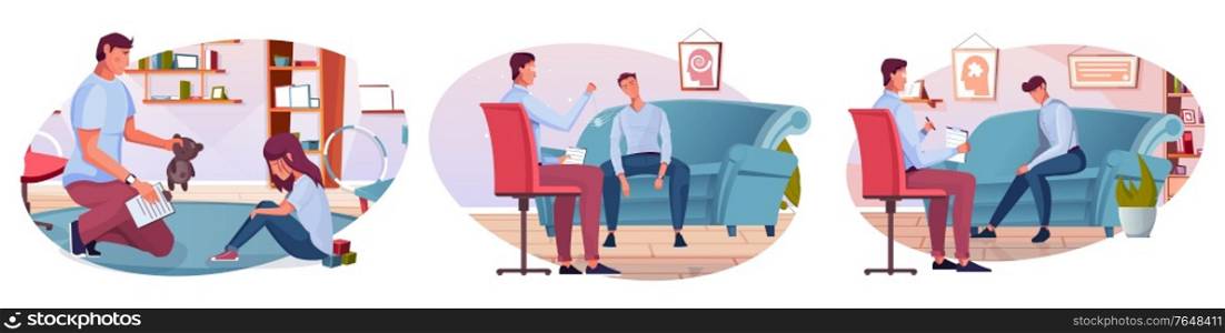 Psychology set of flat compositions with human characters of mental therapists clients with doctors office interiors vector illustration