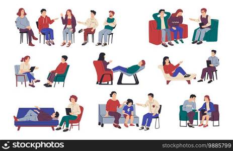 Psychology therapy. Family and individual or group meeting with psychologist. Isolated cartoon people sitting on chair or lying on couch and talking with doctor. Frank conversation, vector flat set. Psychology therapy. Family and individual or group meeting with psychologist. Isolated people sitting on chair or lying on couch and talking with doctor. Frank conversation, vector set