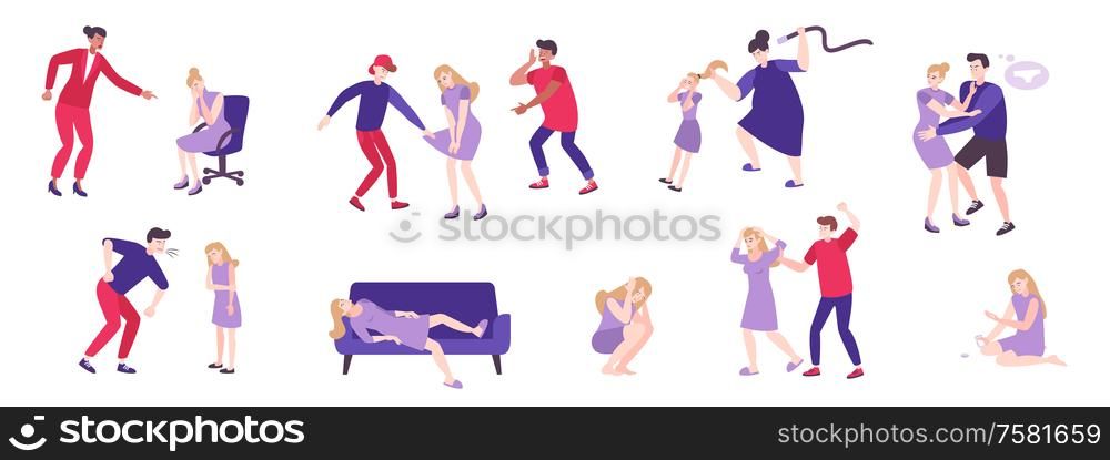 Psychology trauma flat set with isolated doodle style human characters of abusing people on blank background vector illustration