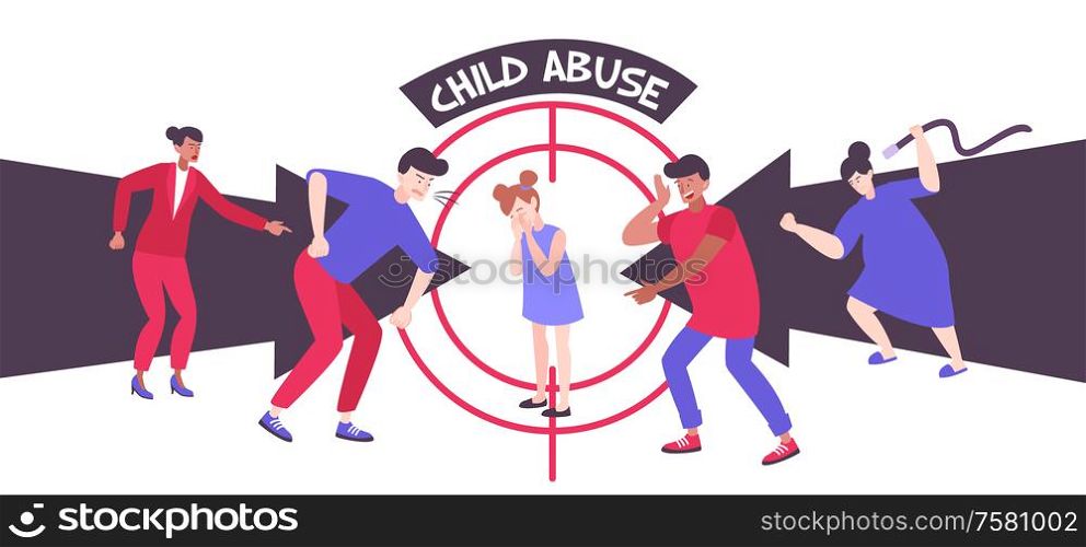 Psychology trauma kid flat composition with doodle style human characters of teenagers and shouting adult people vector illustration