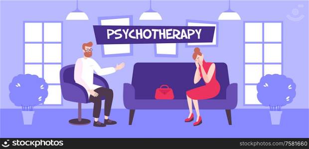 Psychology trauma therapy flat composition with text and indoor scenery with behavioral therapist and his client vector illustration