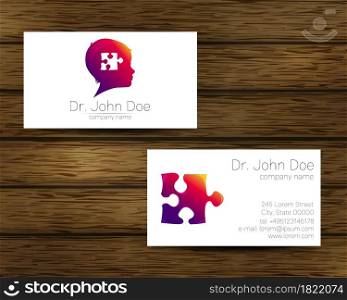 Psychology vector visit card Puzzle Autism Modern logo. Creative style. Design concept for Brand company. Violet color isolated on tree background. Symbol for web, print. vVsiting personal set.. Psychology vector visit card Puzzle Autism Modern logo. Creative style. Design concept for Brand company. Violet color isolated on tree background. Symbol for web, print. vVsiting personal set