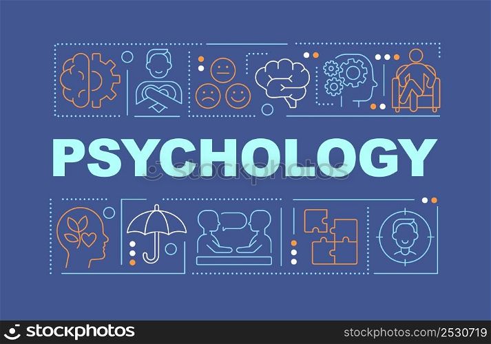 Psychology word concepts dark blue banner. Patient care and therapy. Infographics with icons on color background. Isolated typography. Vector illustration with text. Arial-Black font used. Psychology word concepts dark blue banner