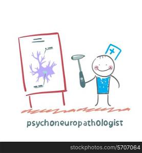 psychoneuropathologist holds the hammer and says a presentation on the nerve cells